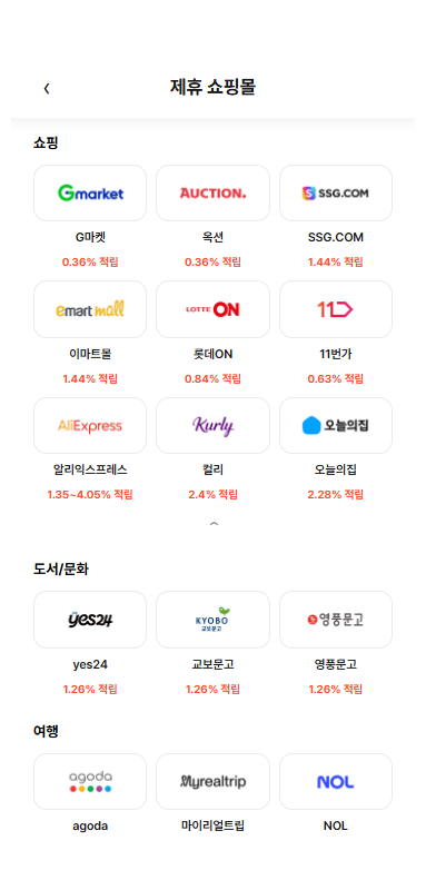 위시태그 제휴 쇼핑몰 목록 화면